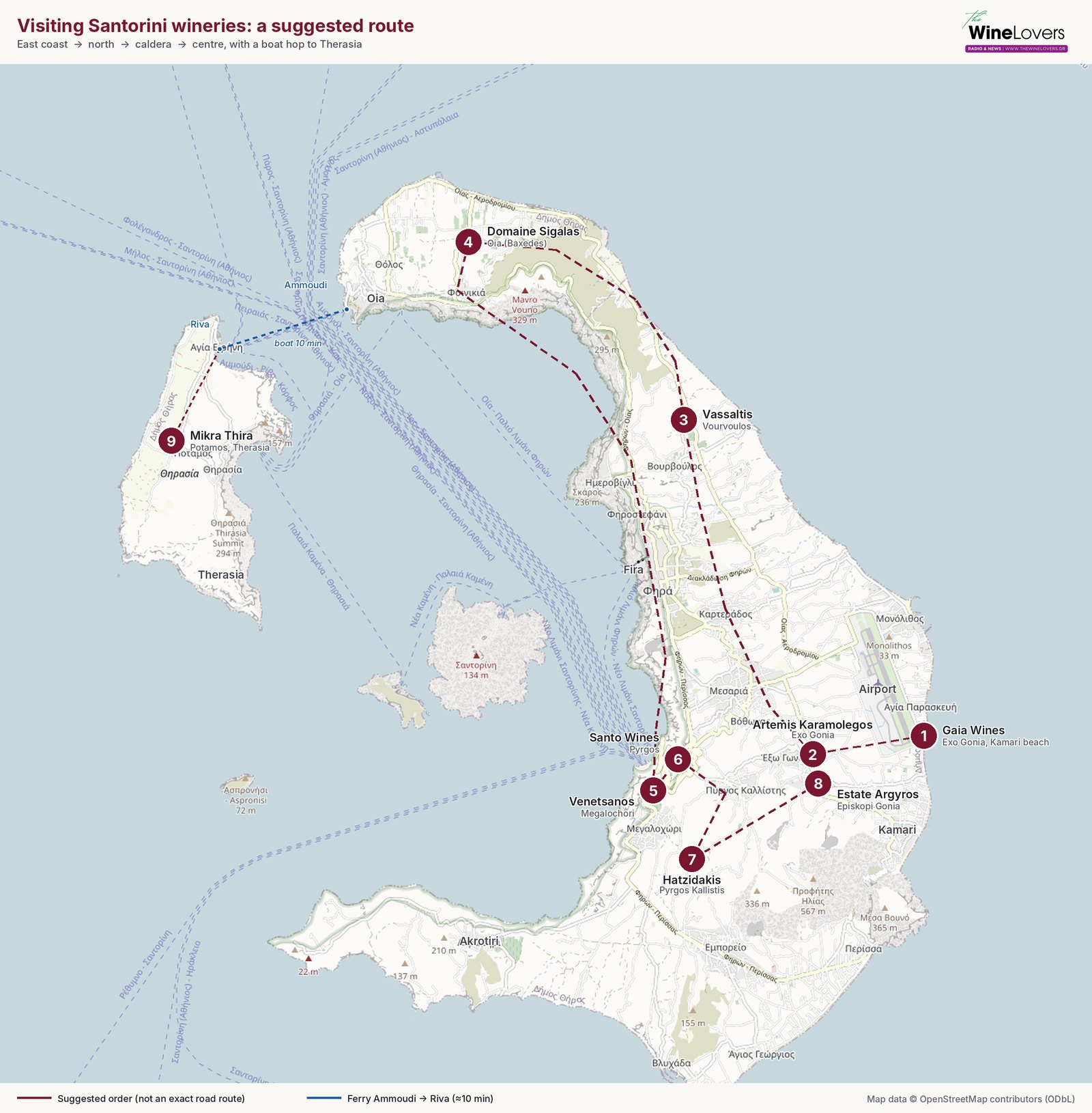 Map of a suggested route to nine Santorini wineries, numbered 1 to 9, with the ferry crossing from Ammoudi to Therasia